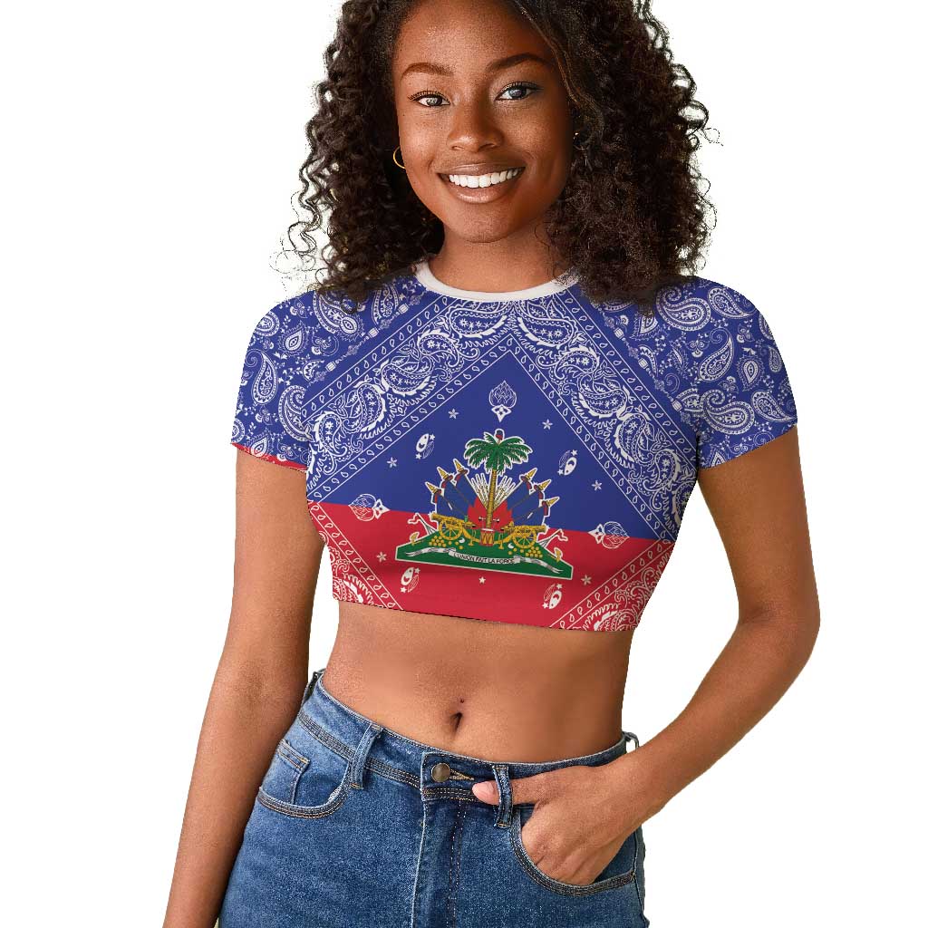 Afro Haiti Paisley Raglan Cropped T shirt Haitian Flag Bandana Style - African Pride