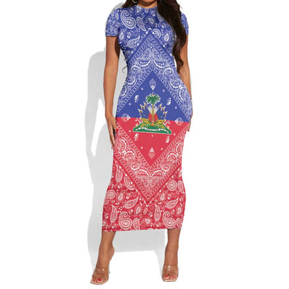 Afro Haiti Paisley Short Sleeve Bodycon Dress Haitian Flag Bandana Style - African Pride