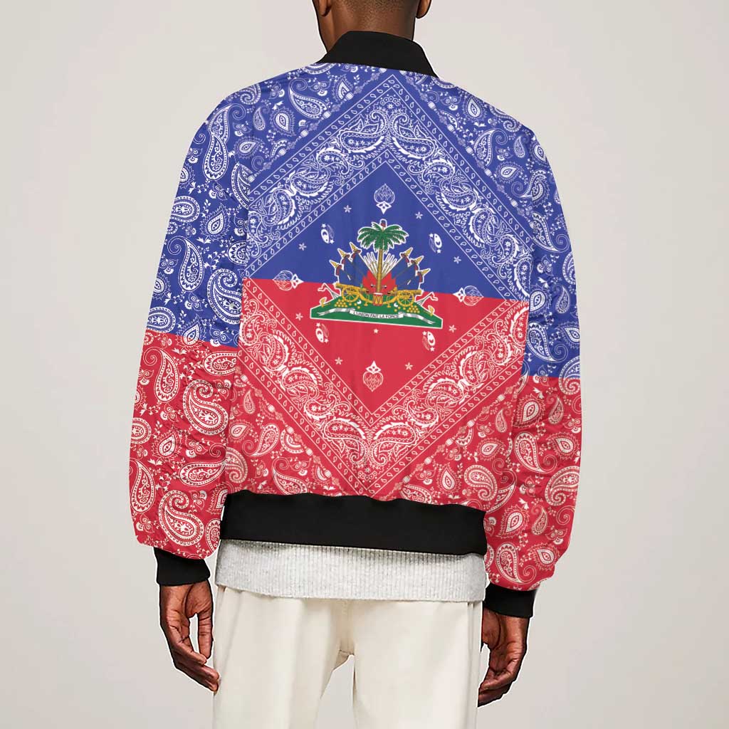 Afro Haiti Paisley Sleeve Zip Bomber Jacket Haitian Flag Bandana Style - African Pride