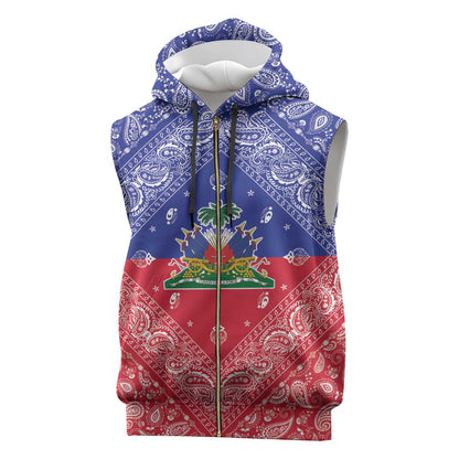Afro Haiti Paisley Sleeveless Zip Hoodie Haitian Flag Bandana Style - African Pride