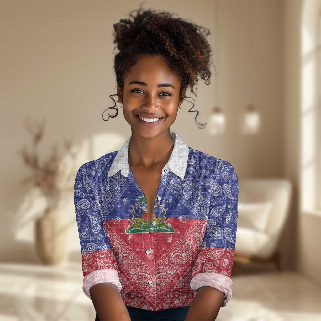 Afro Haiti Paisley Women Casual Shirt Haitian Flag Bandana Style - African Pride