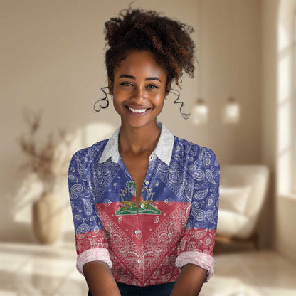 Afro Haiti Paisley Women Casual Shirt Haitian Flag Bandana Style - African Pride