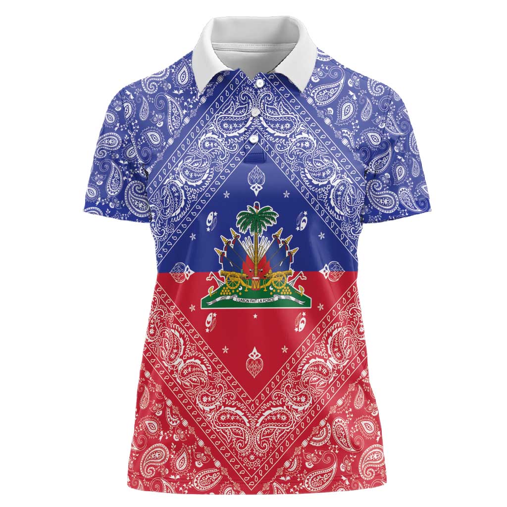 Afro Haiti Paisley Women Polo Shirt Haitian Flag Bandana Style - African Pride