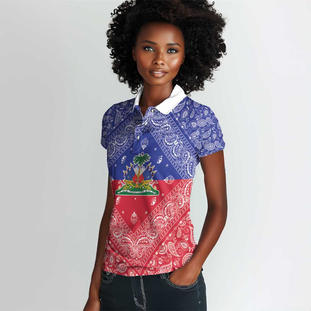 Afro Haiti Paisley Women Polo Shirt Haitian Flag Bandana Style - African Pride