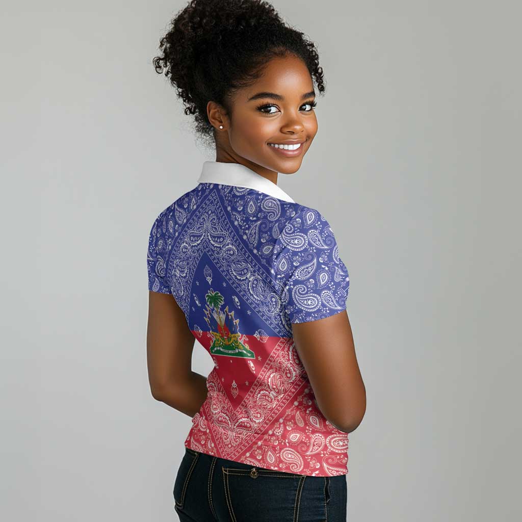 Afro Haiti Paisley Women Polo Shirt Haitian Flag Bandana Style - African Pride