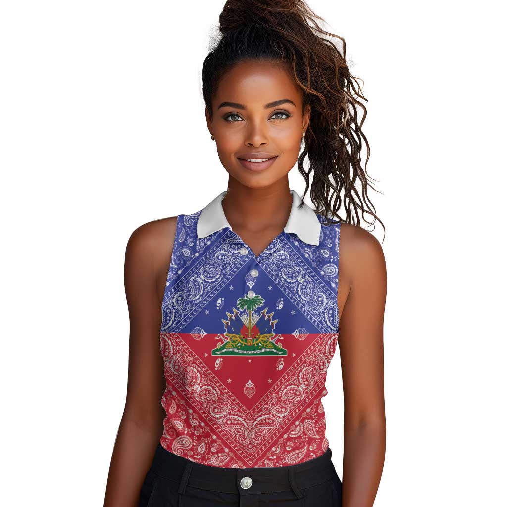 Afro Haiti Paisley Women Sleeveless Polo Shirt Haitian Flag Bandana Style - African Pride