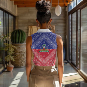 Afro Haiti Paisley Women Sleeveless Polo Shirt Haitian Flag Bandana Style - African Pride