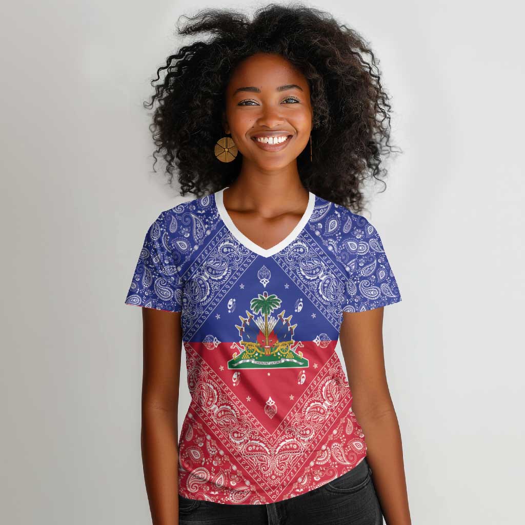 Afro Haiti Paisley Women V-Neck T-Shirt Haitian Flag Bandana Style - African Pride