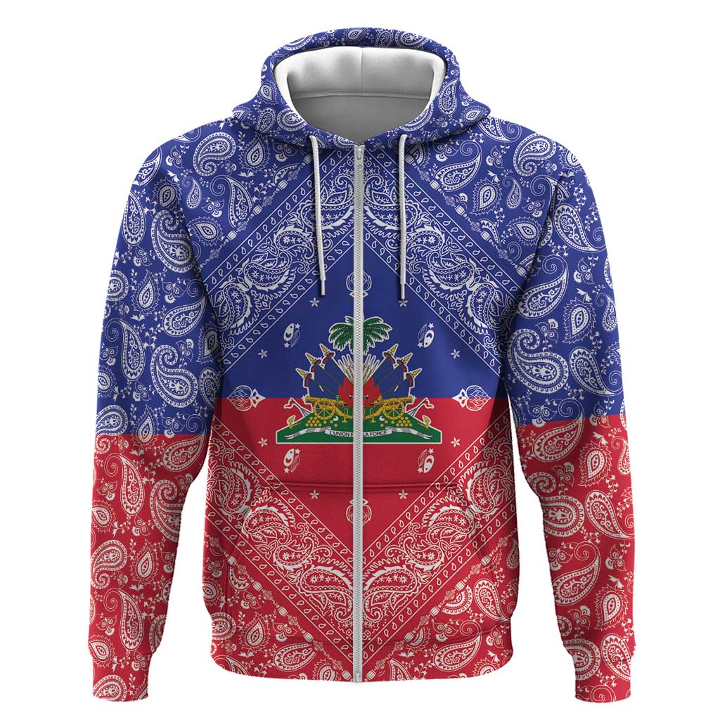Afro Haiti Paisley Zip Hoodie Haitian Flag Bandana Style - African Pride