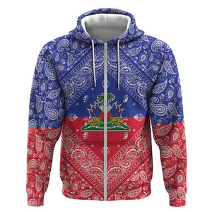 Afro Haiti Paisley Zip Hoodie Haitian Flag Bandana Style - African Pride