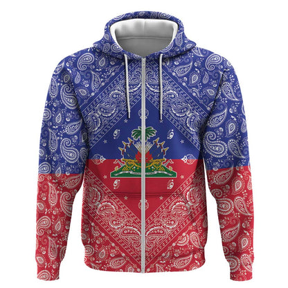 Afro Haiti Paisley Zip Hoodie Haitian Flag Bandana Style - African Pride