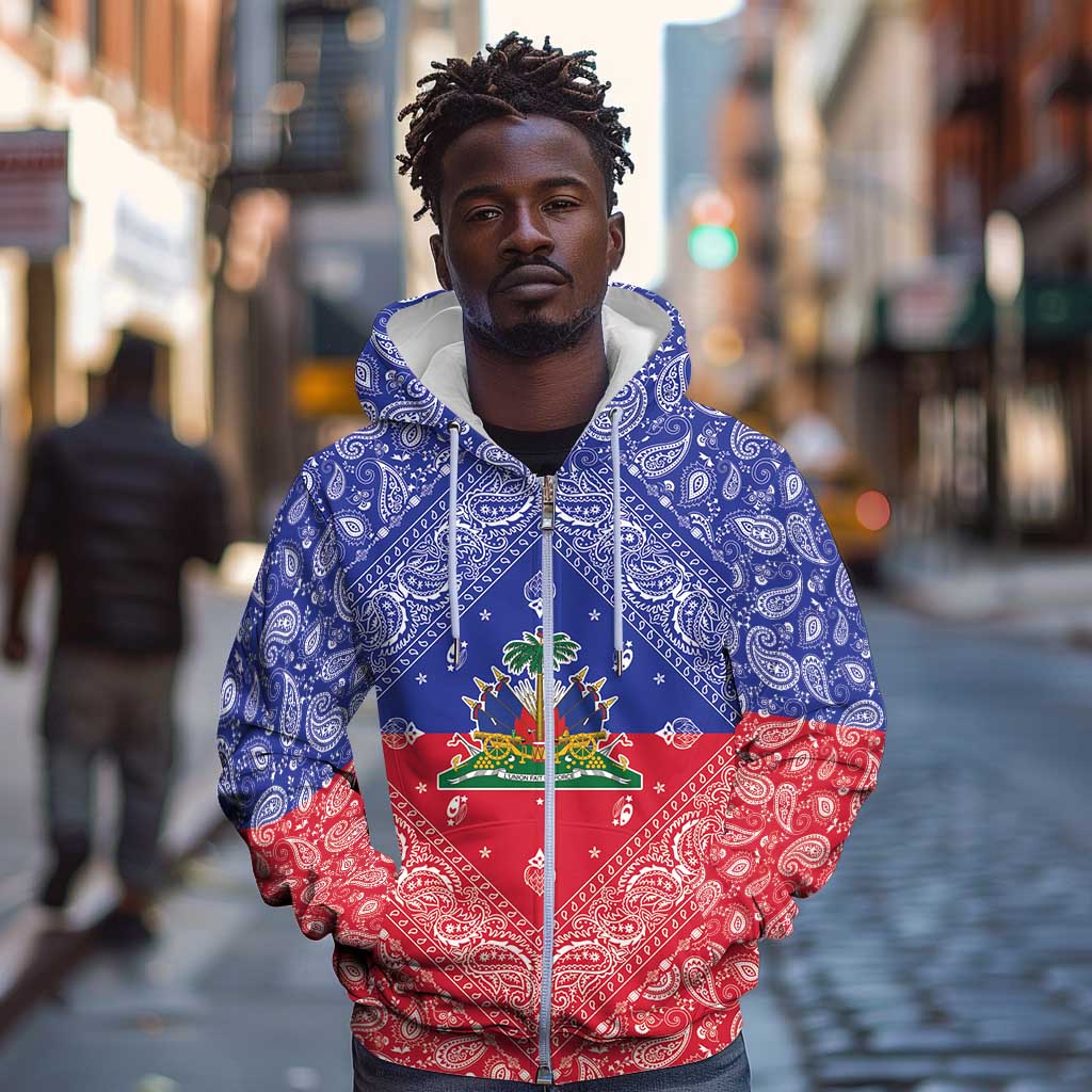 Afro Haiti Paisley Zip Hoodie Haitian Flag Bandana Style - African Pride