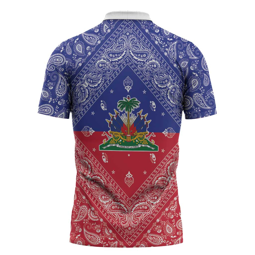 Afro Haiti Paisley Zipper Polo Shirt Haitian Flag Bandana Style