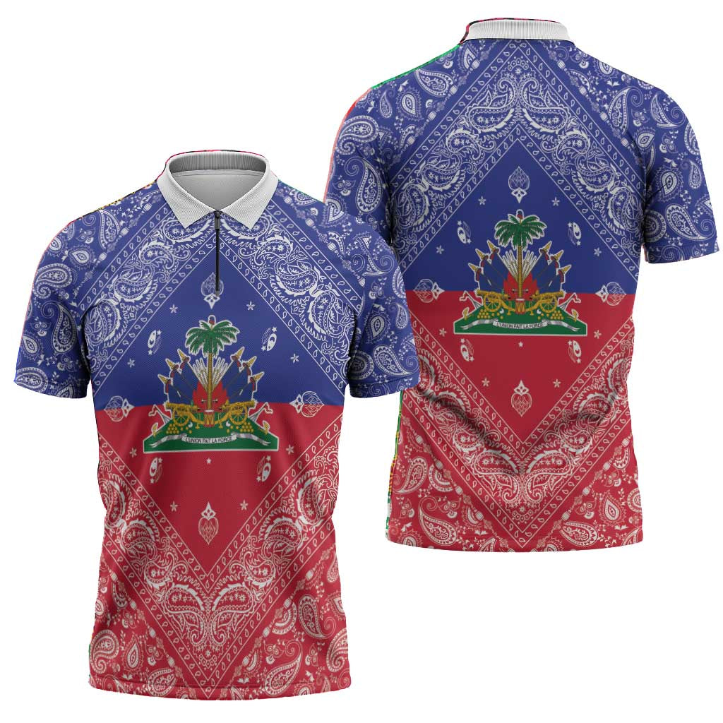 Afro Haiti Paisley Zipper Polo Shirt Haitian Flag Bandana Style