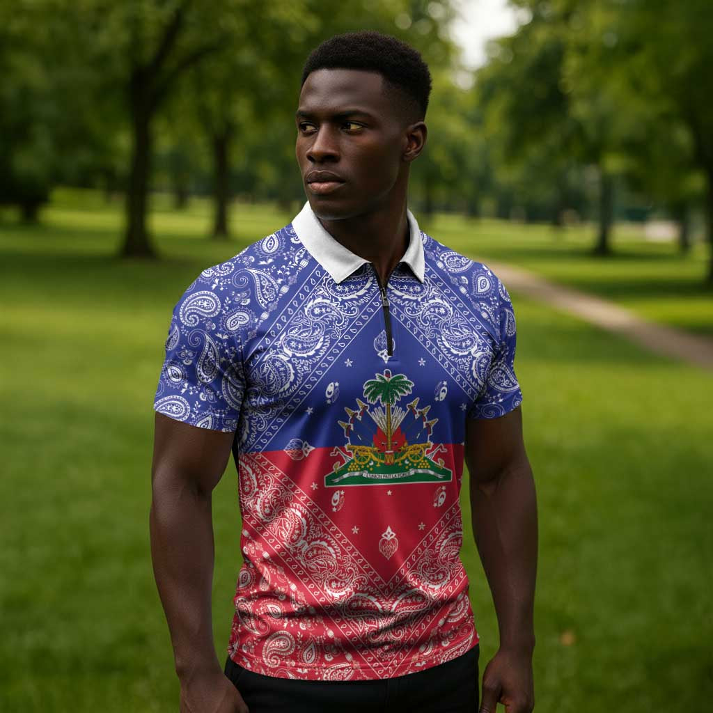Afro Haiti Paisley Zipper Polo Shirt Haitian Flag Bandana Style