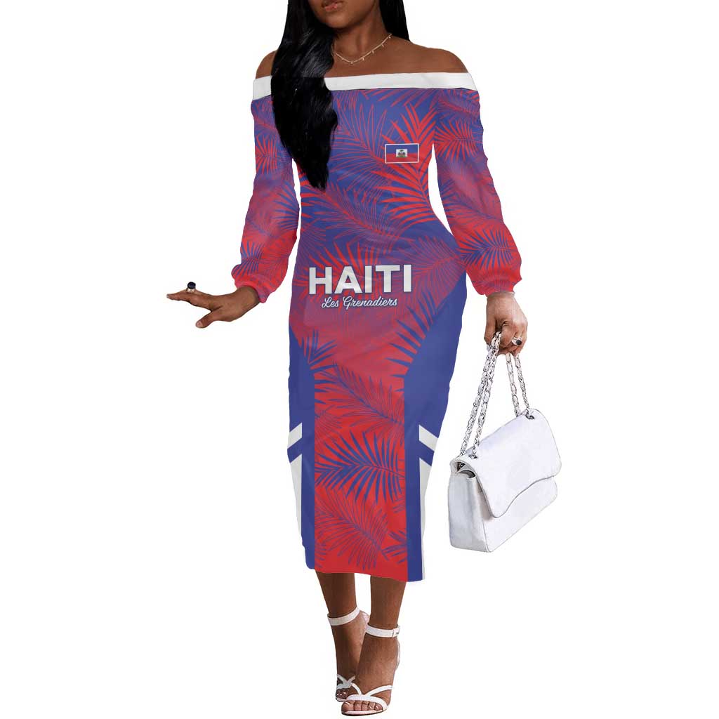 Custom Les Grenadiers Haiti Football Off The Shoulder Long Sleeve Dress Tropical Vibes - African Pride