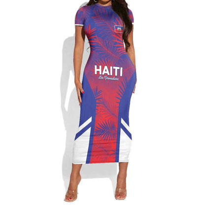 Custom Les Grenadiers Haiti Football Short Sleeve Bodycon Dress Tropical Vibes - African Pride