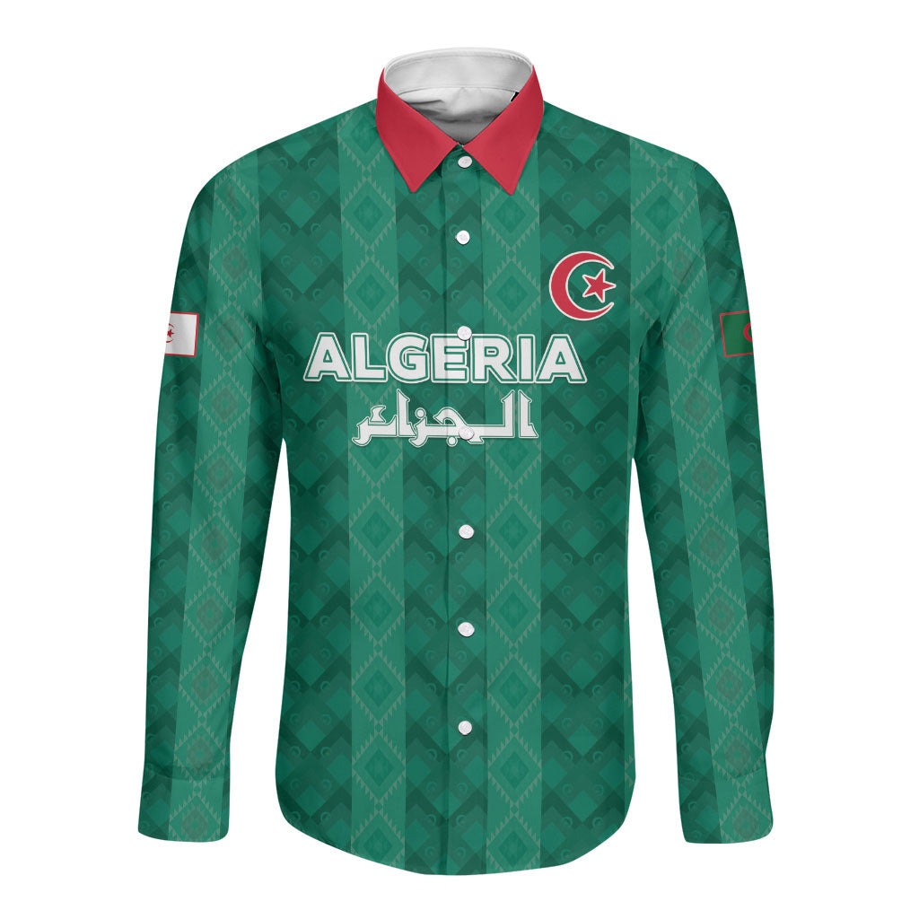 Custom Algeria Football 2026 Long Sleeve Button Shirt Algerian Geometric Patterns