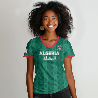 Custom Algeria Football 2026 Women V-Neck T-Shirt Algerian Geometric Patterns