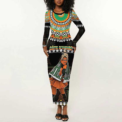 Ivory Coast Festival Of Masks Long Sleeve Bodycon Dress Traditional Zaouli Dance LT05