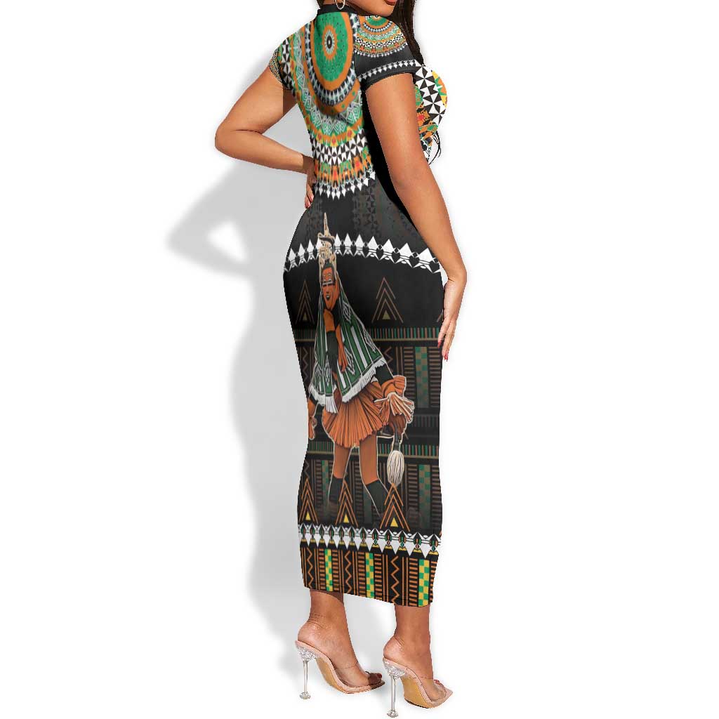 Ivory Coast Festival Of Masks Short Sleeve Bodycon Dress Traditional Zaouli Dance LT05