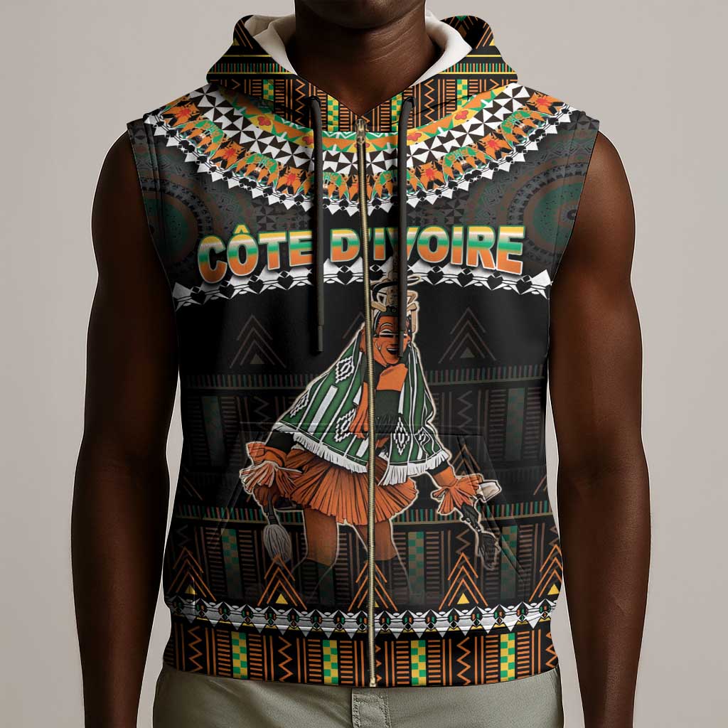 Ivory Coast Festival Of Masks Sleeveless Zip Hoodie Traditional Zaouli Dance - African Pride