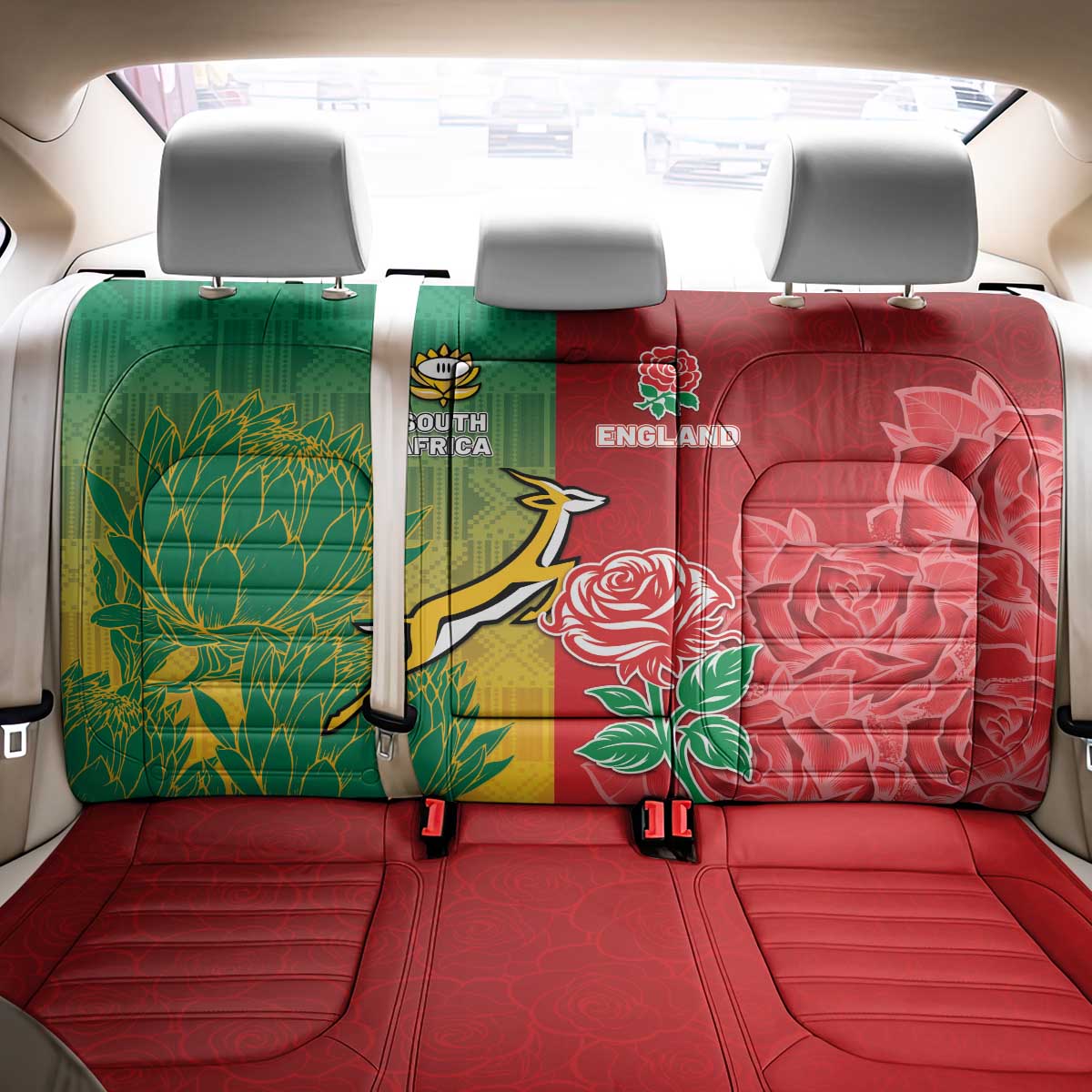 South Africa And England Rugby Back Car Seat Cover Springboks And Red Rose Together - African Pride