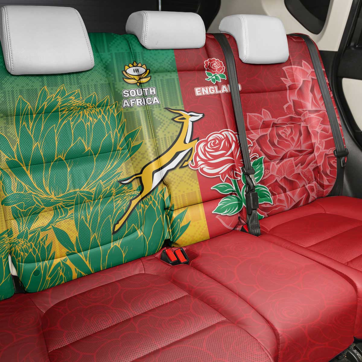 South Africa And England Rugby Back Car Seat Cover Springboks And Red Rose Together - African Pride