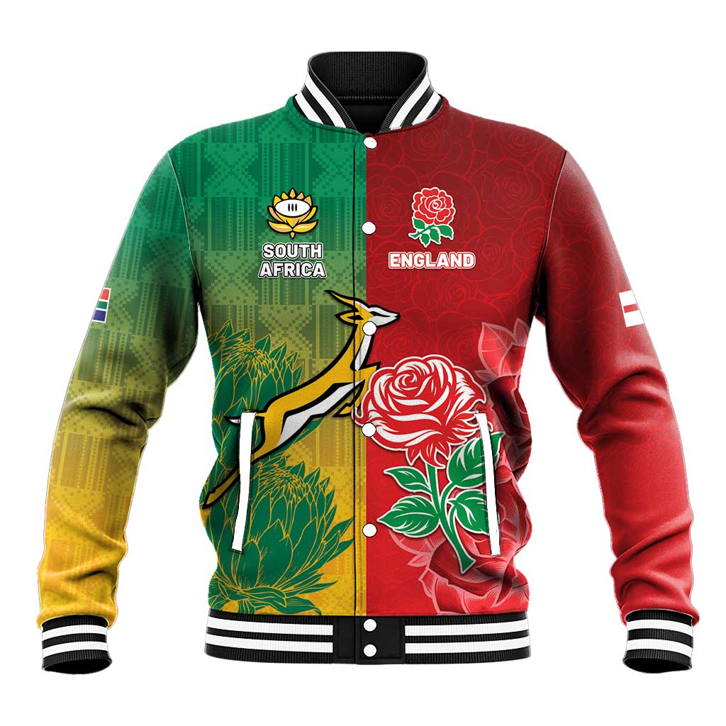 South Africa And England Rugby Custom Baseball Jacket Springboks And Red Rose Together - African Pride