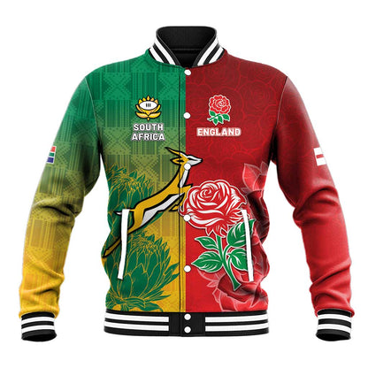 South Africa And England Rugby Custom Baseball Jacket Springboks And Red Rose Together - African Pride