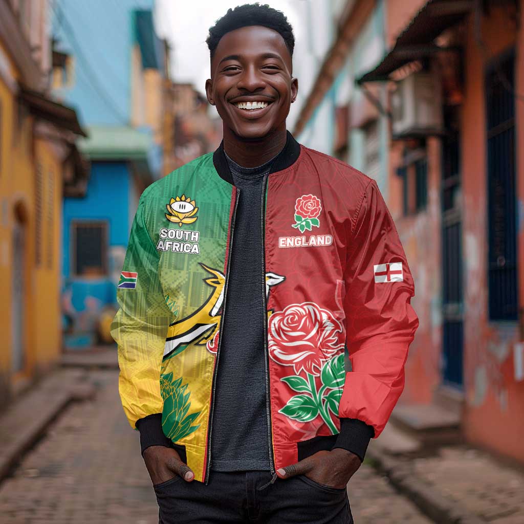 South Africa And England Rugby Custom Bomber Jacket Springboks And Red Rose Together - African Pride