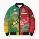 South Africa And England Rugby Custom Bomber Puffer Jacket Springboks And Red Rose Together - African Pride