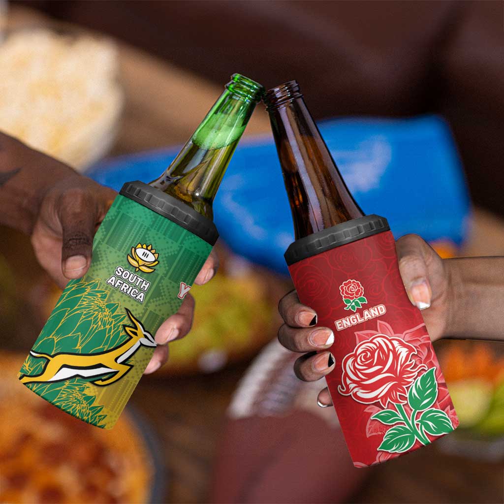 South Africa And England Rugby Custom 4 in 1 Can Cooler Tumbler Springboks And Red Rose Together - African Pride