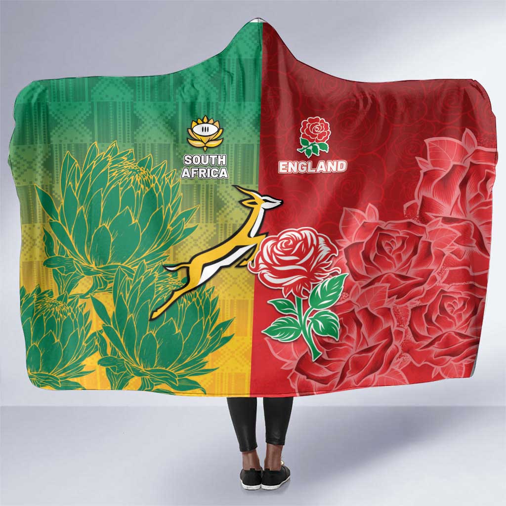 South Africa And England Rugby Hooded Blanket Springboks And Red Rose Together - African Pride