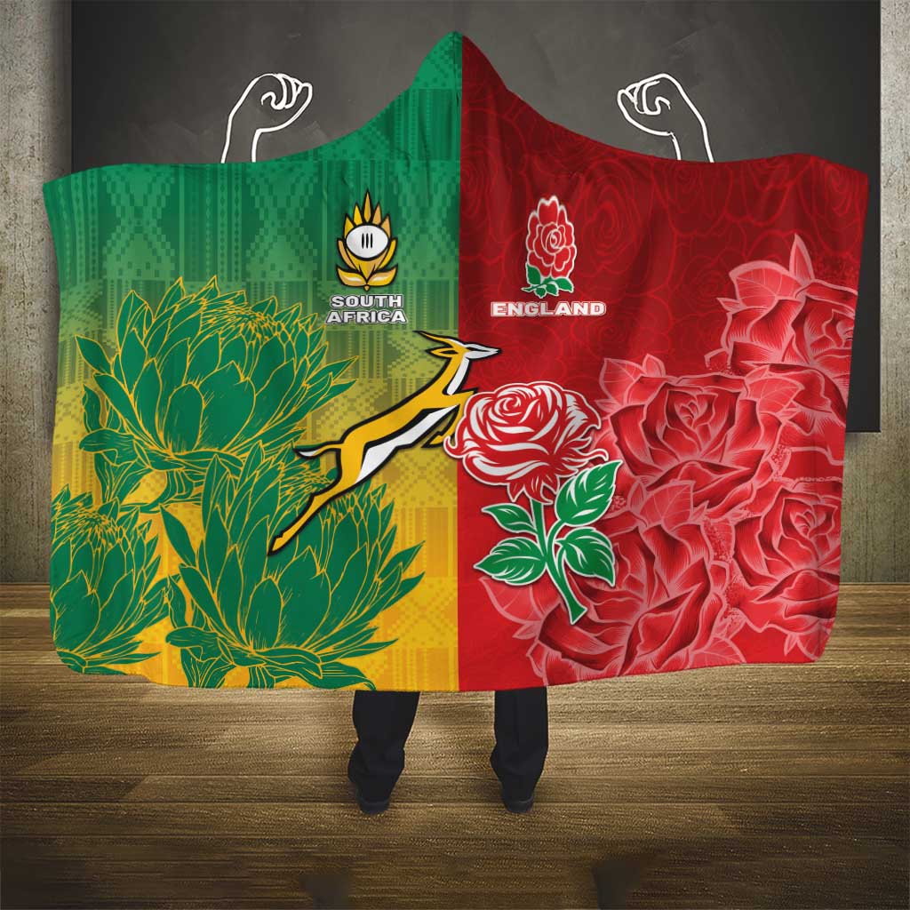South Africa And England Rugby Hooded Blanket Springboks And Red Rose Together - African Pride