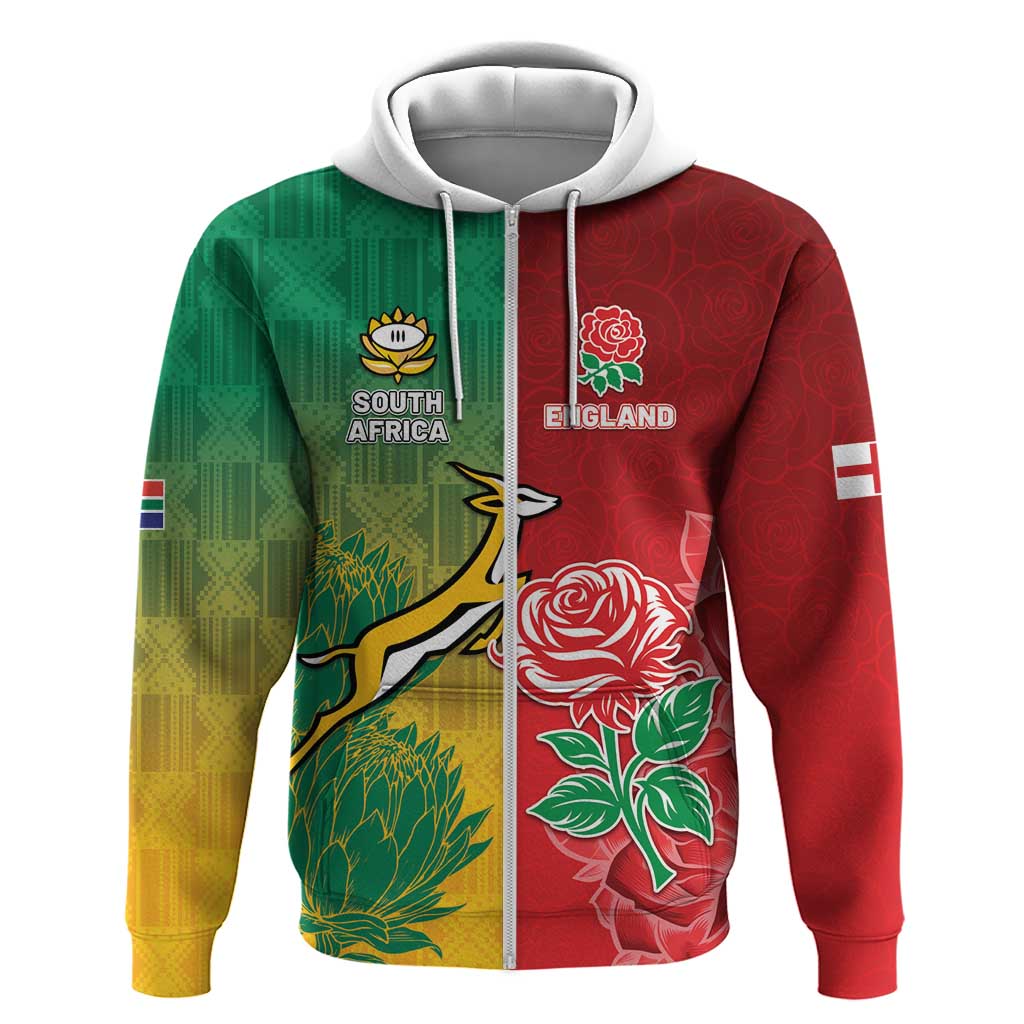 South Africa And England Rugby Custom Hoodie Springboks And Red Rose Together - African Pride
