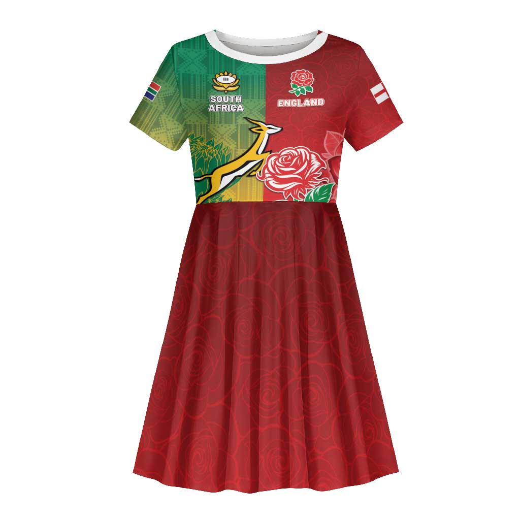 South Africa And England Rugby Custom Kid Short Sleeve Dress Springboks And Red Rose Together - African Pride