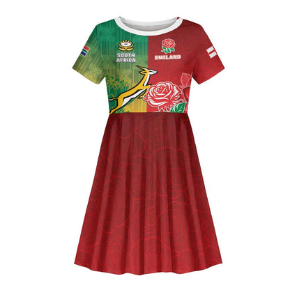 South Africa And England Rugby Custom Kid Short Sleeve Dress Springboks And Red Rose Together - African Pride