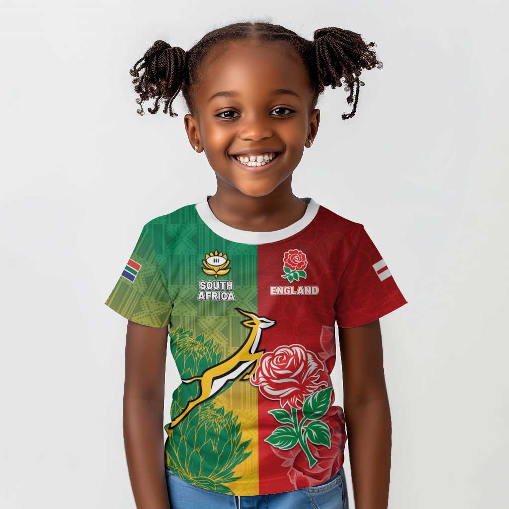 South Africa And England Rugby Custom Kid T shirt Springboks And Red Rose Together - African Pride