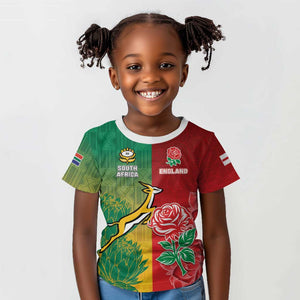 South Africa And England Rugby Custom Kid T shirt Springboks And Red Rose Together - African Pride