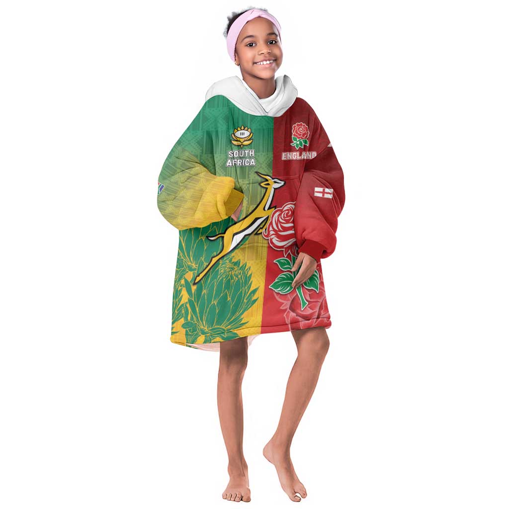 South Africa And England Rugby Custom Kid Wearable Blanket Hoodie Springboks And Red Rose Together - African Pride