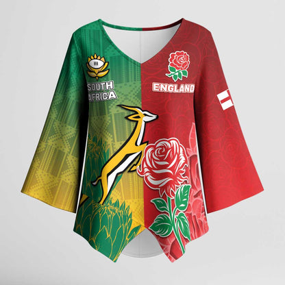 South Africa And England Rugby Custom Kimono Sleeve Blouse Springboks And Red Rose Together - African Pride