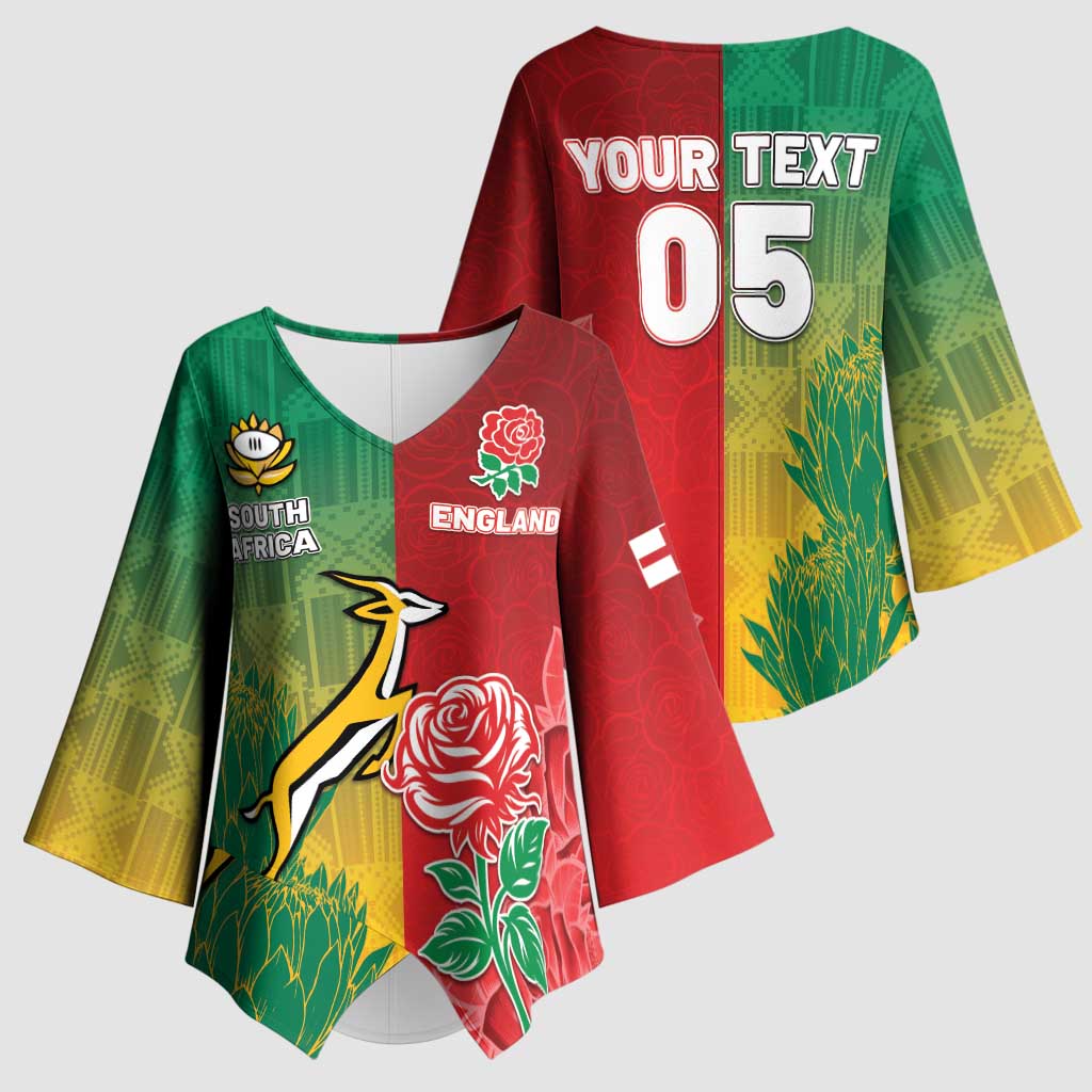 South Africa And England Rugby Custom Kimono Sleeve Blouse Springboks And Red Rose Together - African Pride