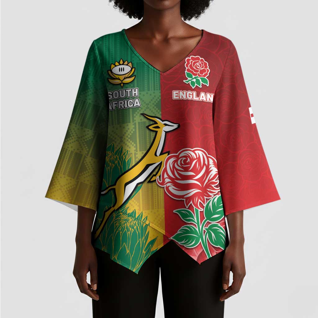 South Africa And England Rugby Custom Kimono Sleeve Blouse Springboks And Red Rose Together - African Pride