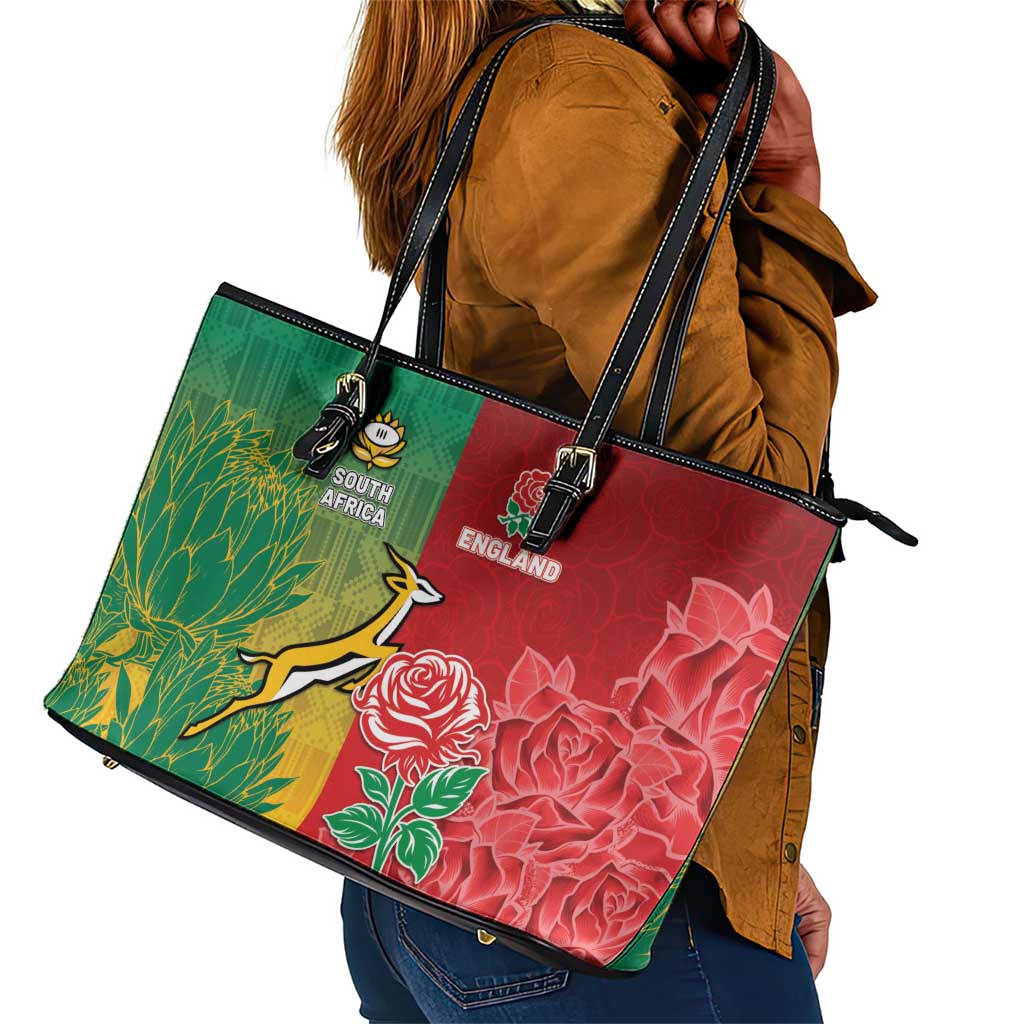 South Africa And England Rugby Leather Tote Bag Springboks And Red Rose Together - African Pride
