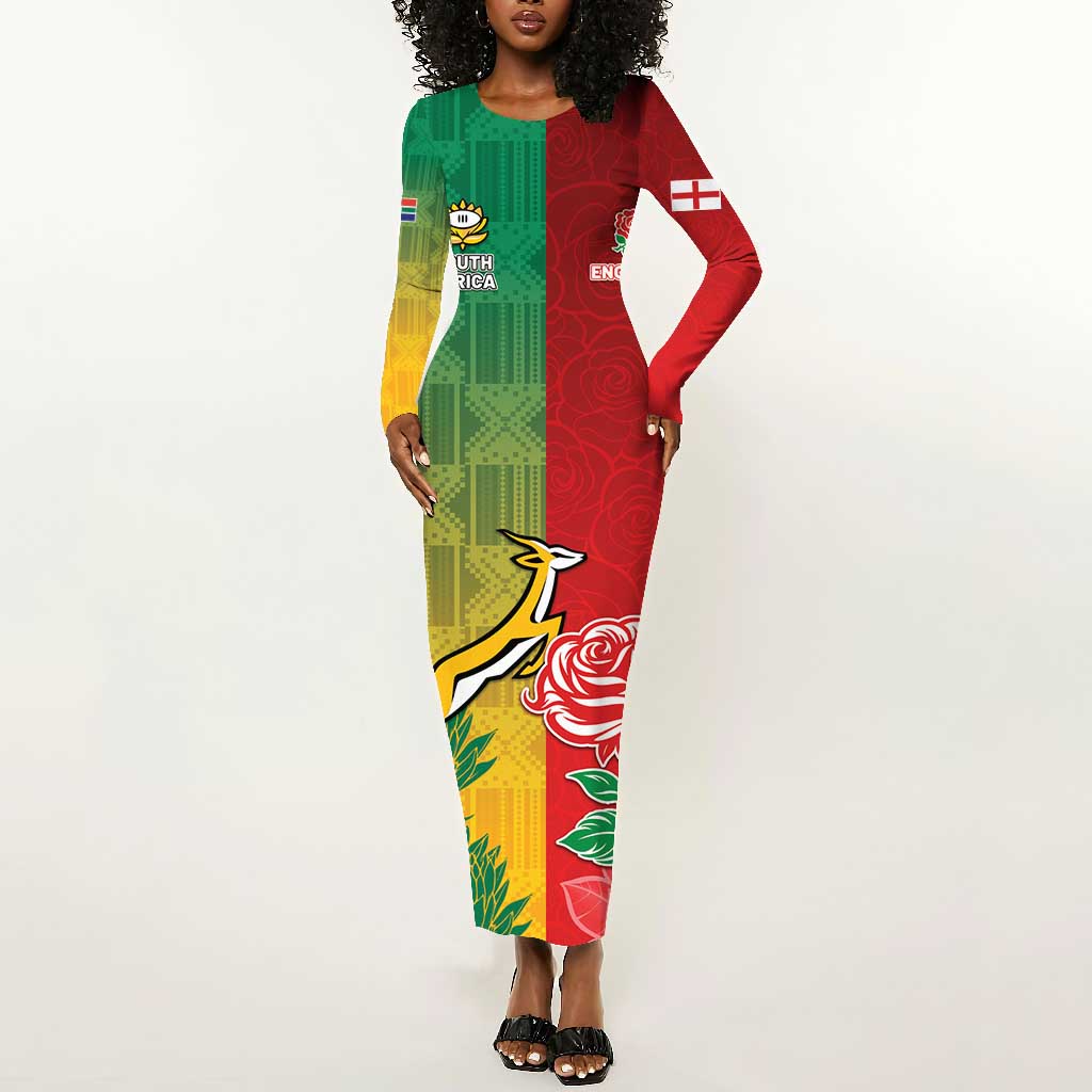 South Africa And England Rugby Custom Long Sleeve Bodycon Dress Springboks And Red Rose Together - African Pride