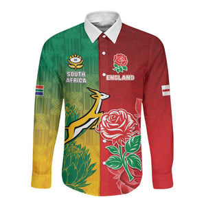 South Africa And England Rugby Custom Long Sleeve Button Shirt Springboks And Red Rose Together - African Pride