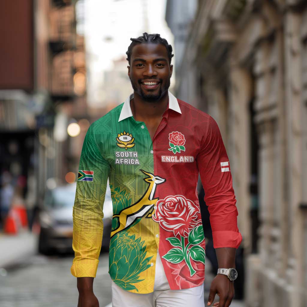 South Africa And England Rugby Custom Long Sleeve Button Shirt Springboks And Red Rose Together - African Pride