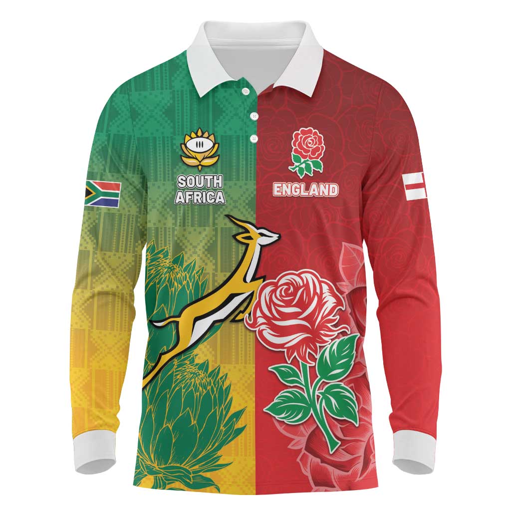 South Africa And England Rugby Custom Long Sleeve Polo Shirt Springboks And Red Rose Together - African Pride