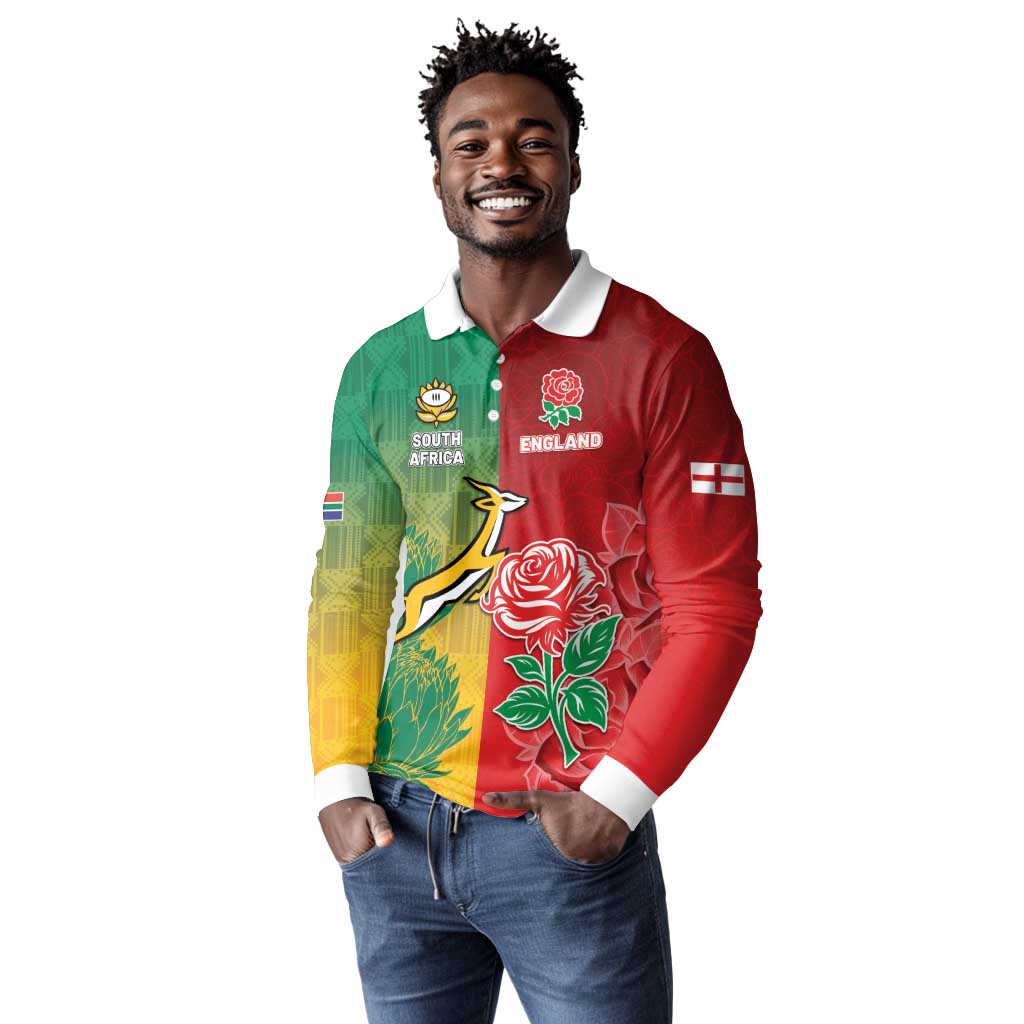 South Africa And England Rugby Custom Long Sleeve Polo Shirt Springboks And Red Rose Together - African Pride